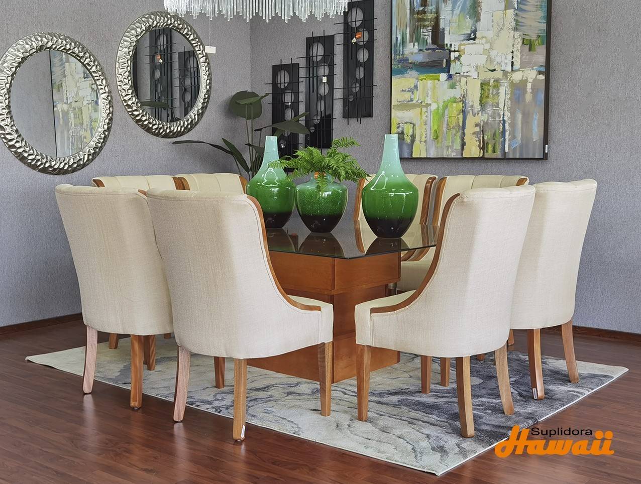 COMEDOR YIRA NATURAL TAPIZADO CREMA 8/S BASE CUADRADA R.A.