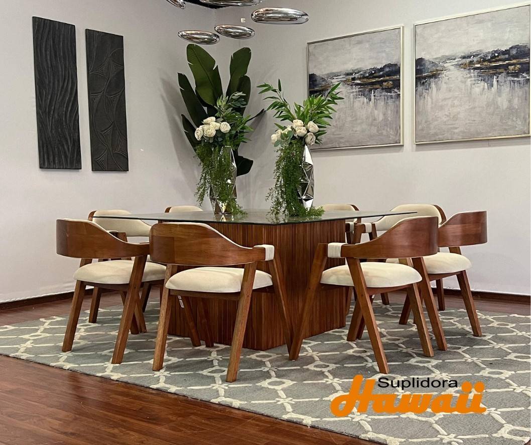 COMEDOR RAFAEL 8/S CAOBA TAPIZ/CREMA T/CRISTAL A.M.