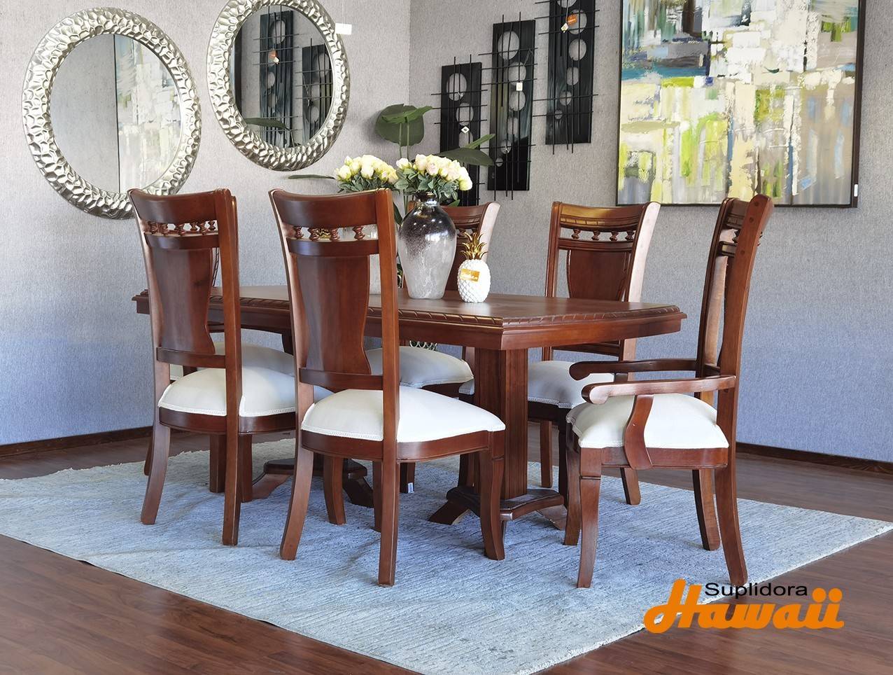 COMEDOR EMELY C/BOLITA 6/S CAOBA AFRICAN TAPIZ/CREMA