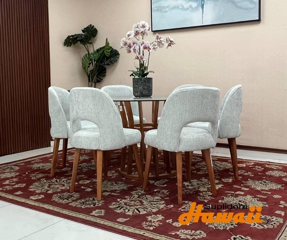 COMEDOR IMPORTADO #2 NATURAL T/CRISTAL REDONDO 6/S TAPIZ/GRIS P.M.