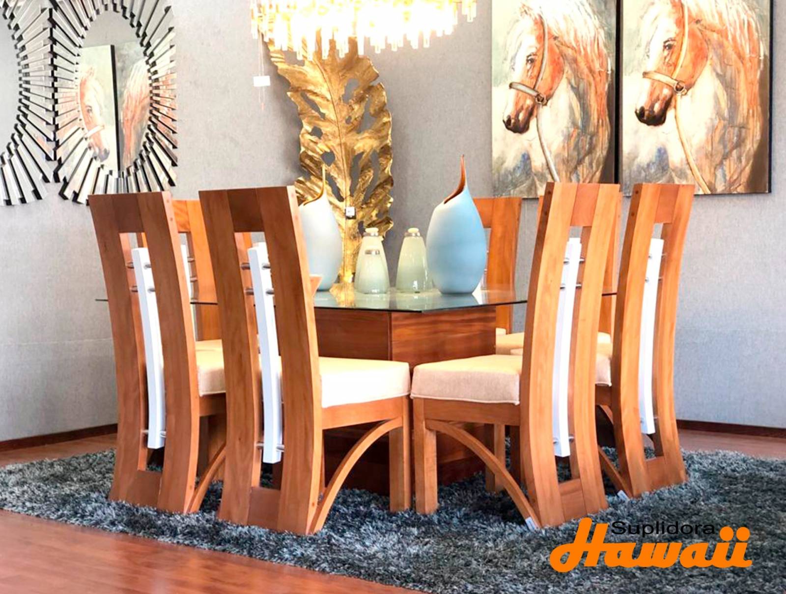COMEDOR CAPRICHO 8/S NATURAL C/BLANCO T/CRISTAL CUADRADO TAPIZ/CREMA R.A.