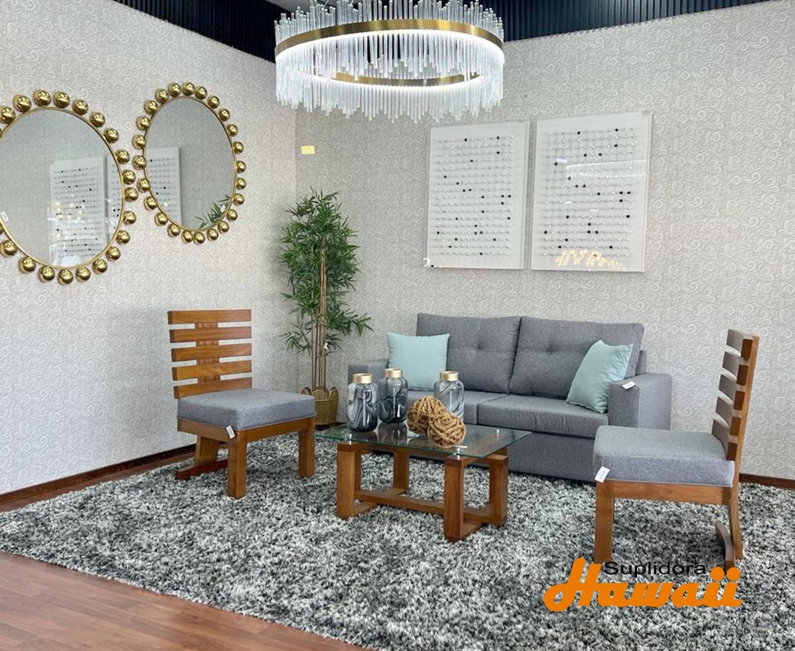 MUEBLE PERLA S/3 2/B 1/M MADERA NATURAL TAPIZ/GRIS OSCURO