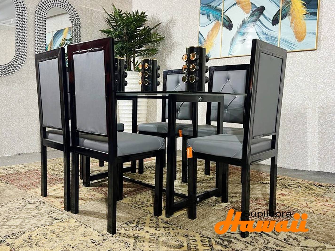 COMEDOR CONTEMPORANEO NEGRO 6/S TAPIZ/GRIS EN VINIL