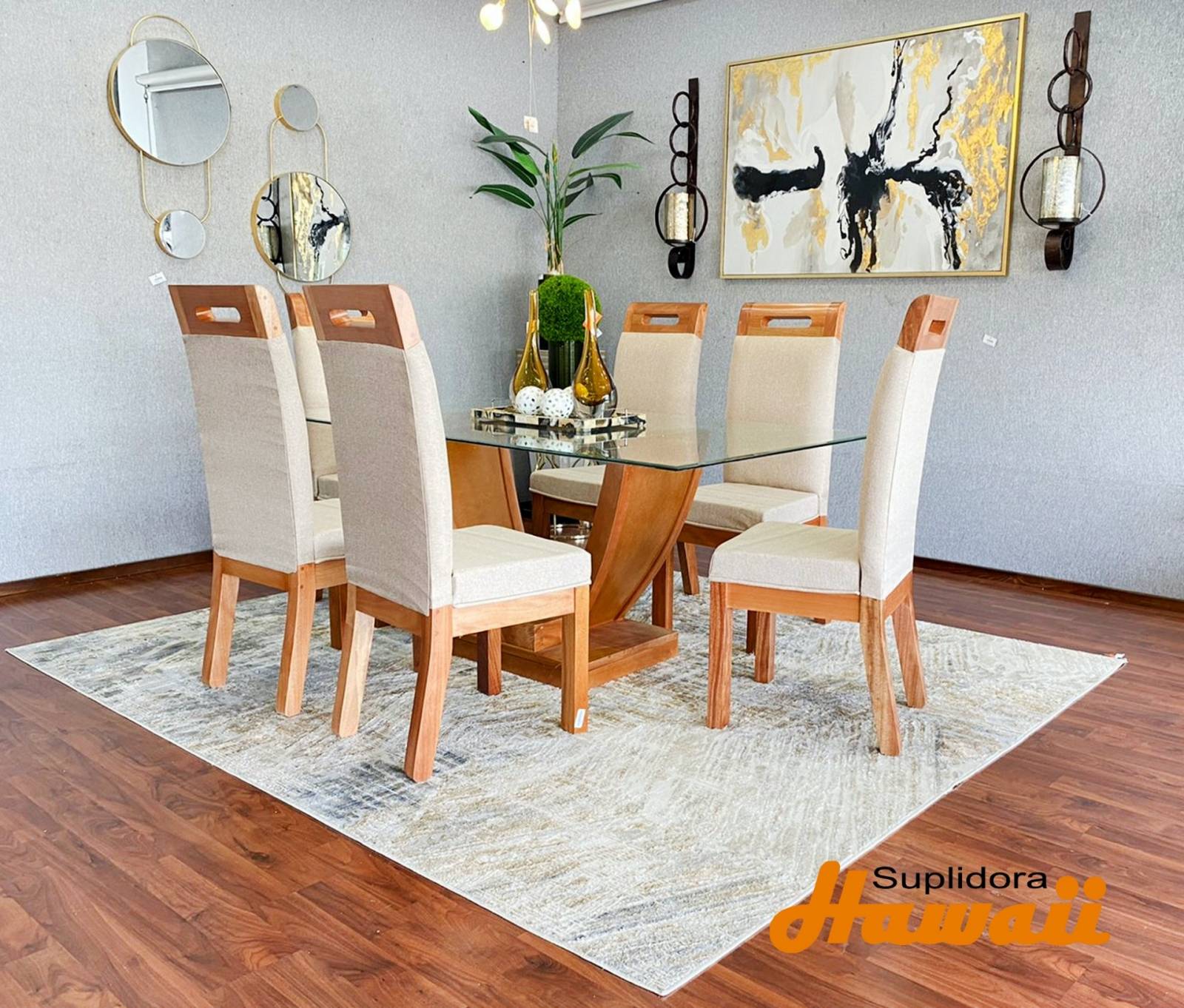 COMEDOR TAPIZADO MODERNO 6/S T/CRISTAL NATURAL TAPIZ/CREMA P.M.