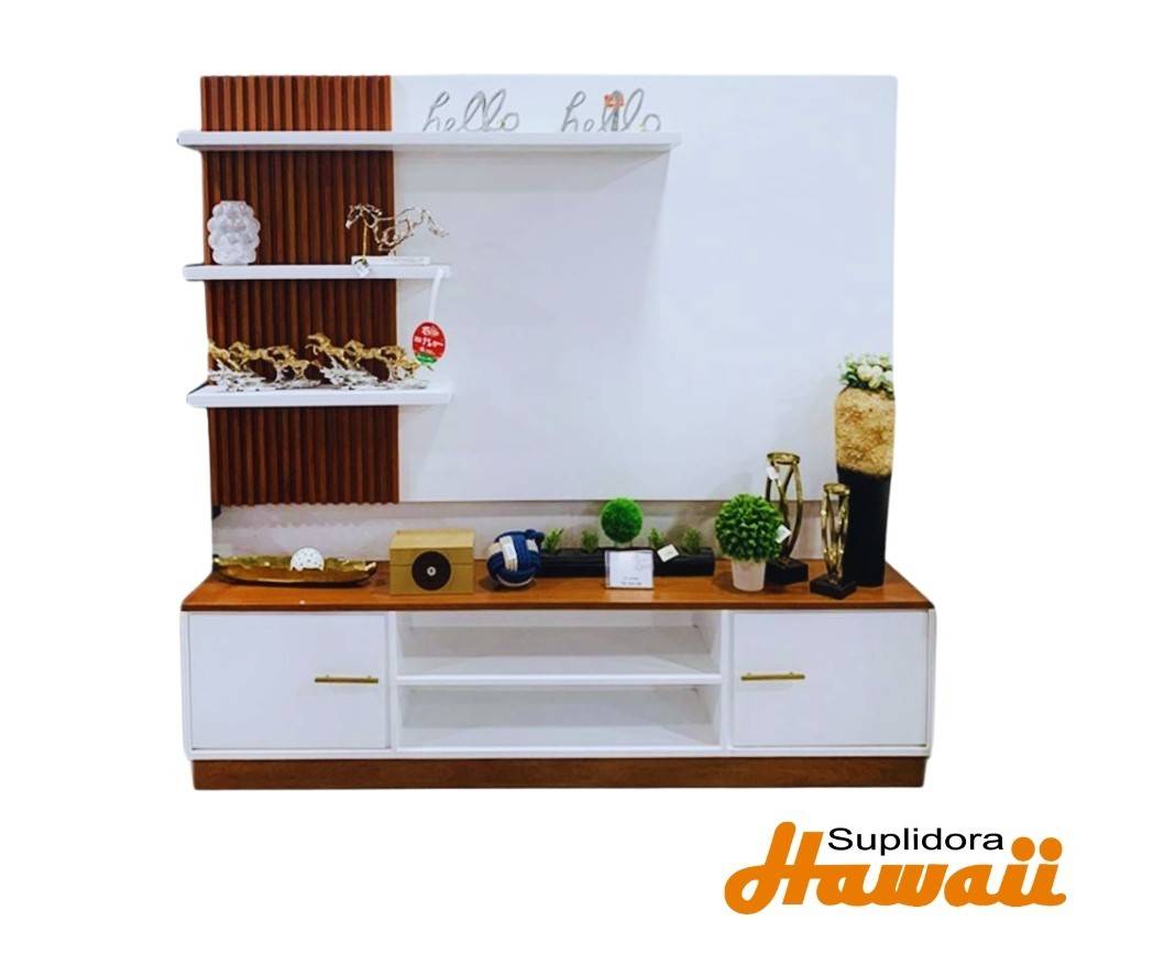 ESTANTE PARA TV BLANCO C/MARRON 90 CON PANEL 2/PUERTAS LATERALES