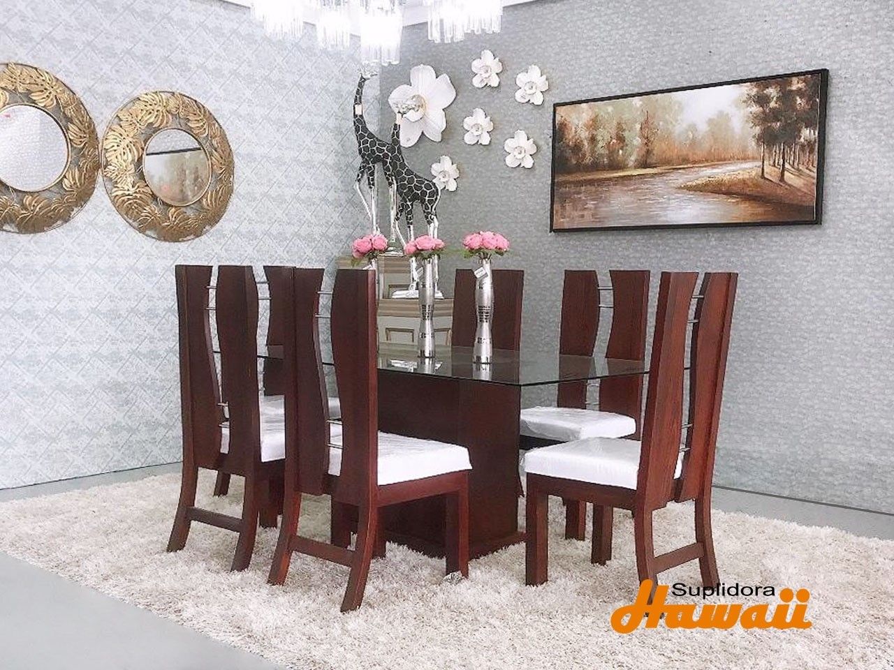 COMEDOR COLOR CAOBA TIPO S T/CRISTAL 6S TAPIZ/BLANCO A.M.