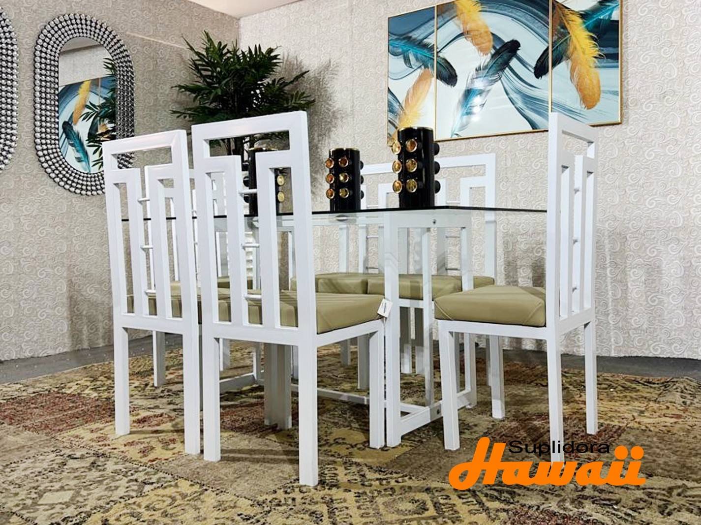 COMEDOR YOSLENNY BLANCO TAPIZADO 6/S T/CRISTAL TAPIZ/CREMA