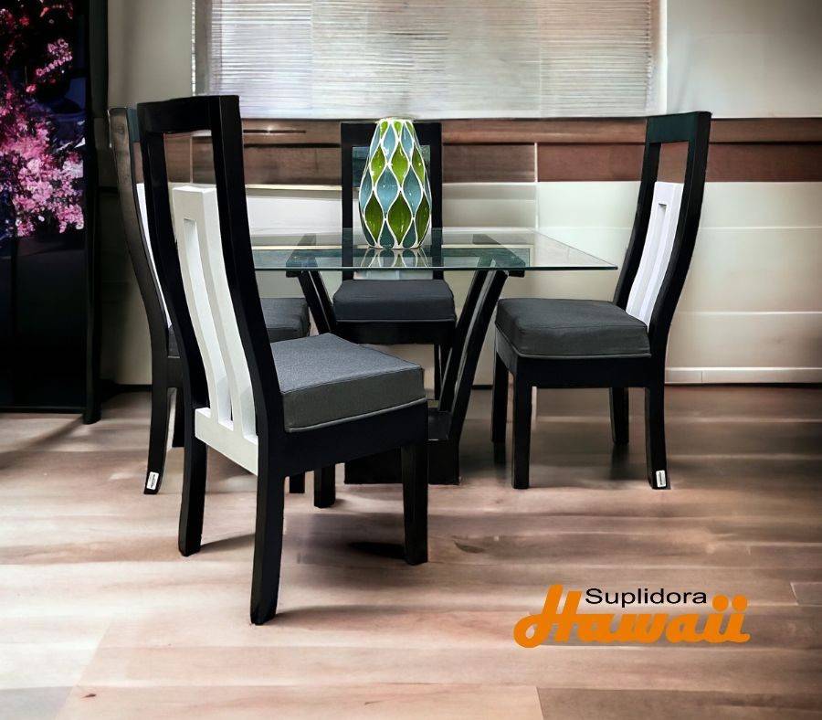 COMEDOR CONTEMP NEGRO CBLANCO 4S TAPIZGRIS OSCUROACUERDO