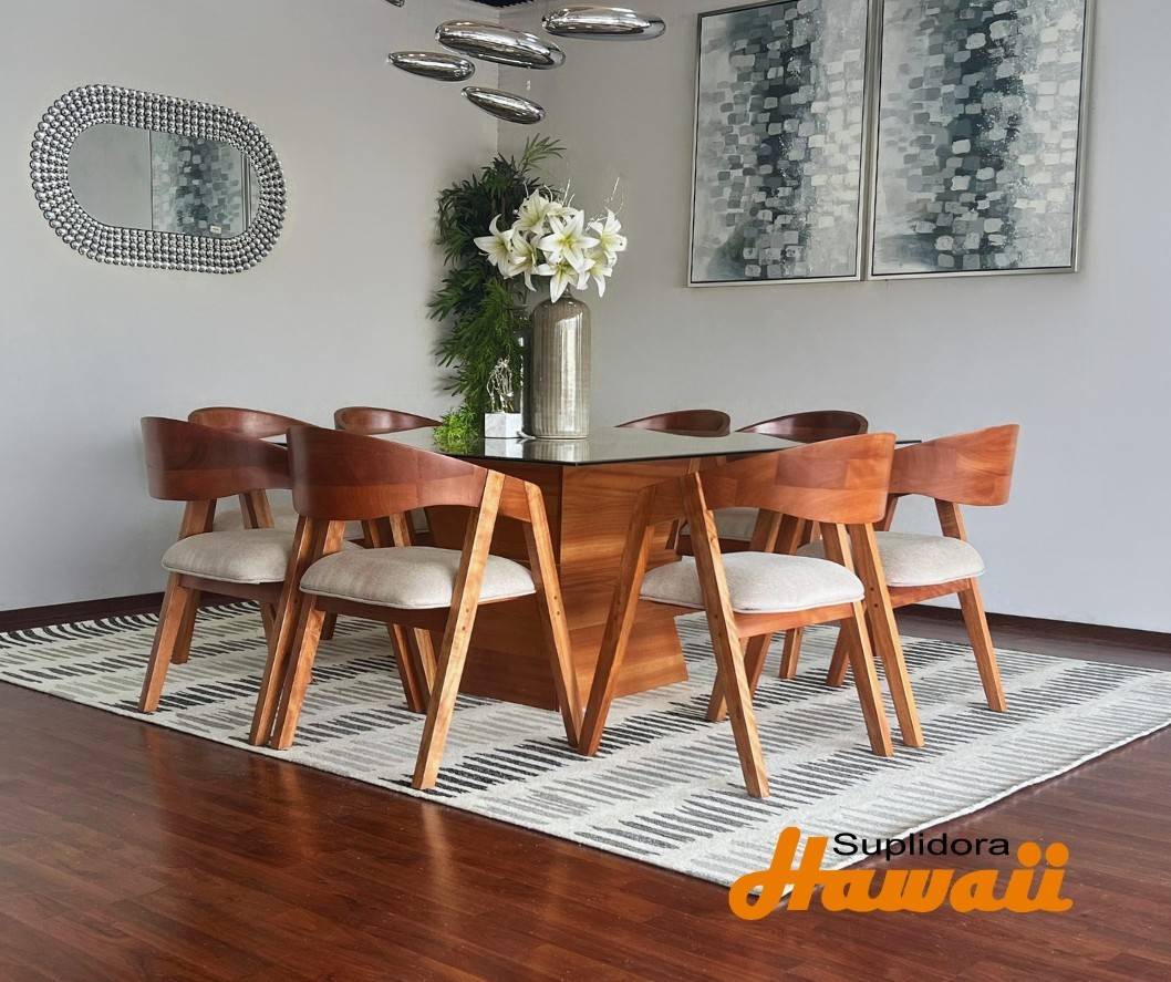 COMEDOR KASANDRA T/MADERA 8/S T/CRISTAL TAPIZ/CREMA OSCURO R.A.