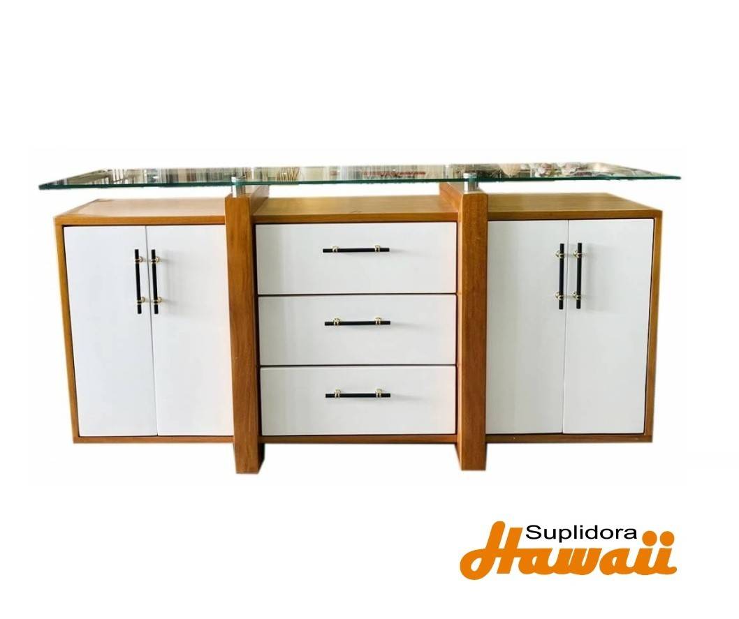 CREDENZA MODELO REYES NATURAL CBLANCO 72 4PUERTAS 3GAVETAS TCRISTAL