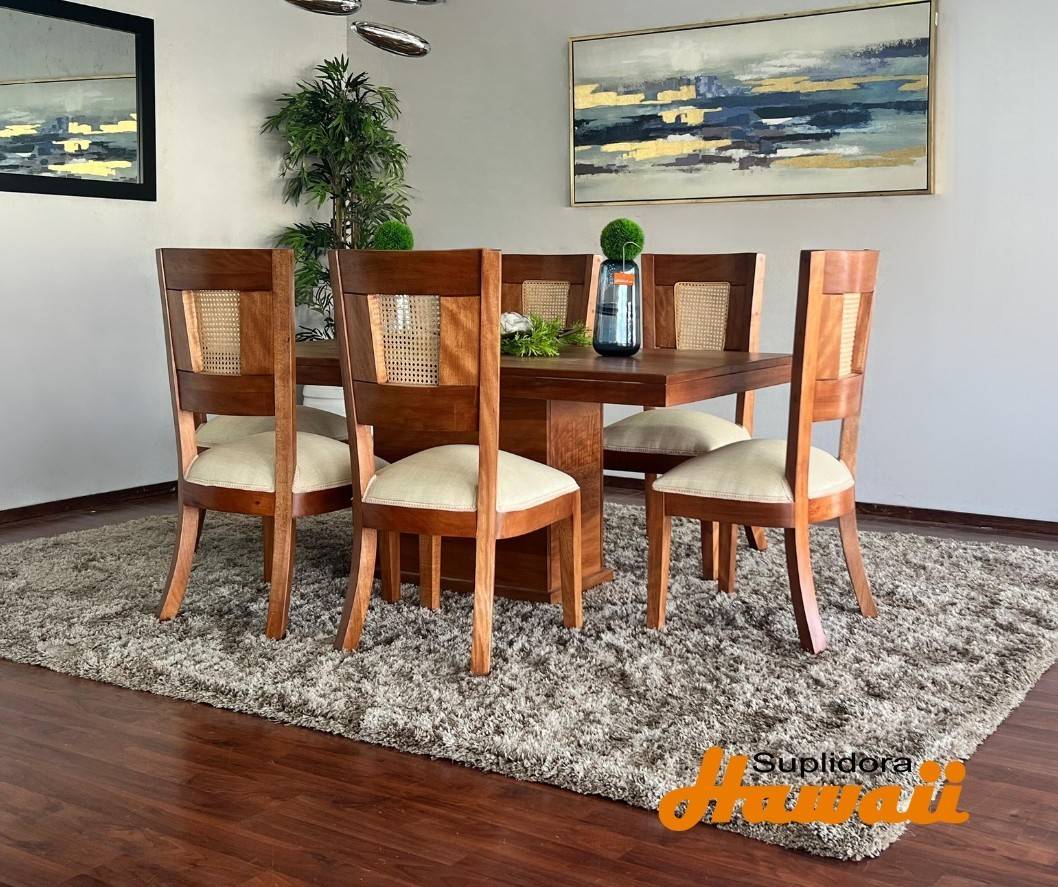 COMEDOR EMMANUEL C/PAJILLA 6/S CAOBA T/MADERA TAPIZ/CREMA A.M.
