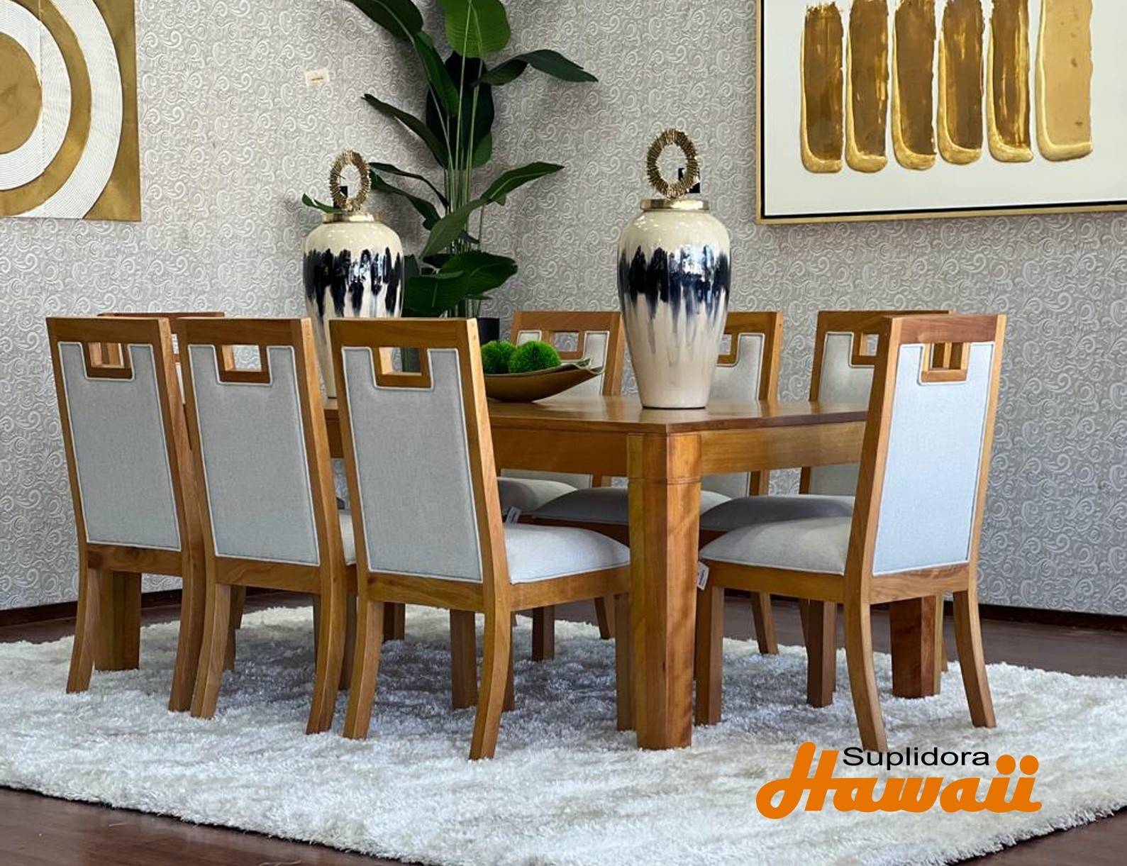 COMEDOR TAPIZADO 8/S T/MADERA NATURAL TAPIZ/CREMA