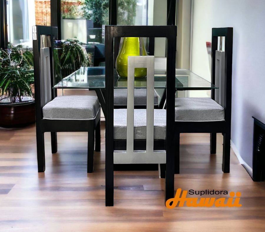 COMEDOR CONTEMPORANEO NEGRO CGRIS TCRISTAL 4S TAPIZGRIS CON TUBITO