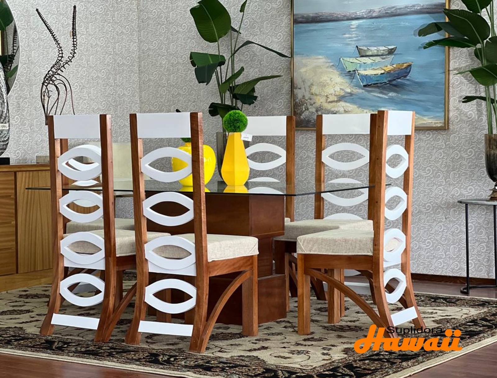 COMEDOR VALENTINO NATURAL 6/S T/CRISTAL C/BLANCO TAPIZ/CREMA