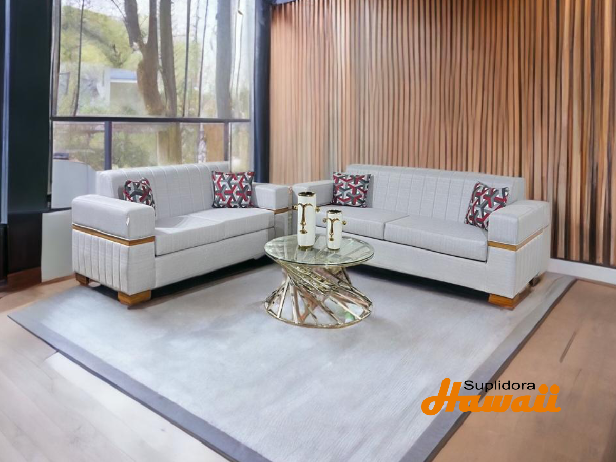 MUEBLE PARIS S/2 S/3 GRIS CLARO CON FRANJA EN MADERA NATURAL