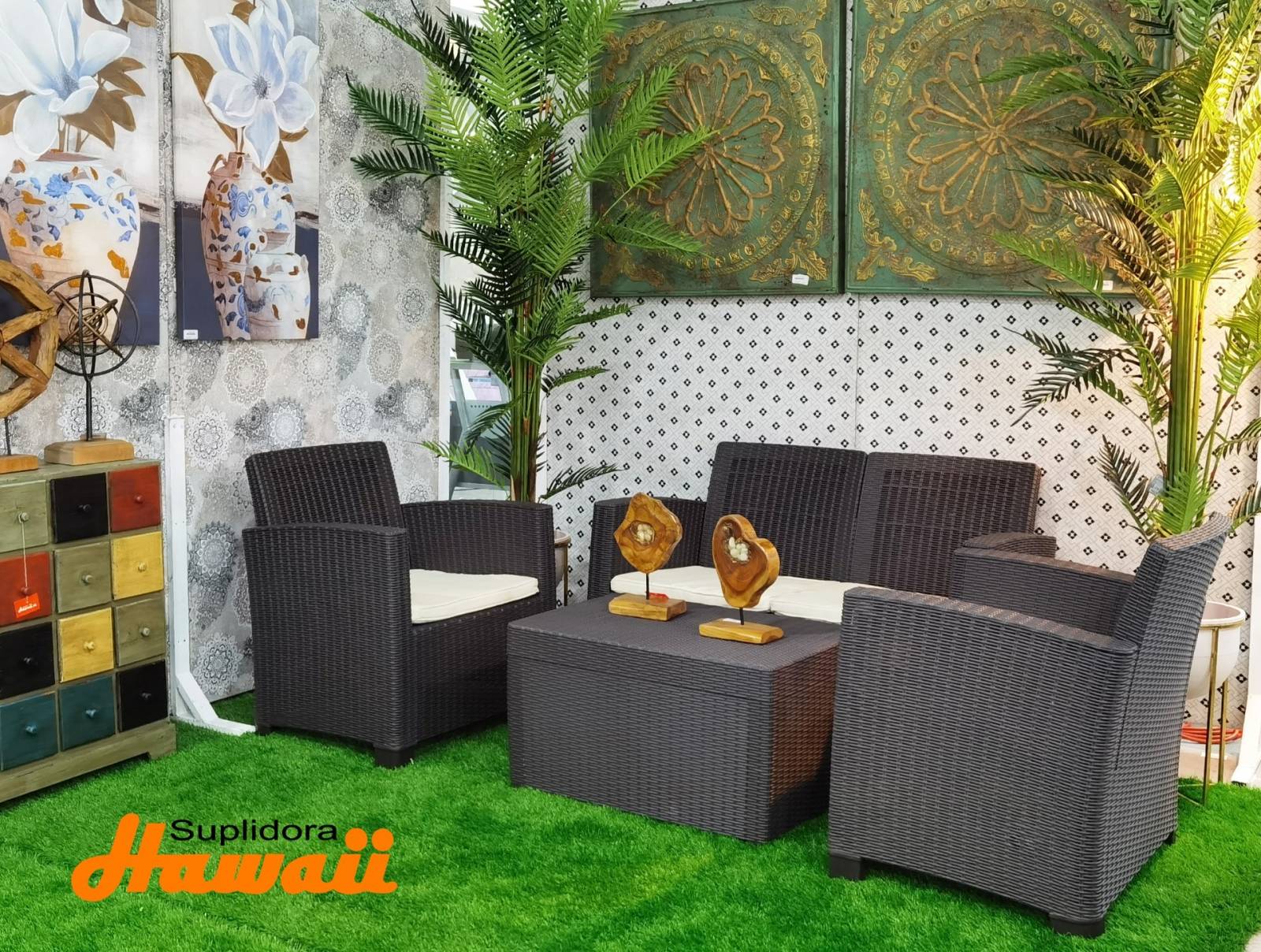JUEGO TERRAZA PLASTICO ALAMO S2 2B 1M COJIN CREMA