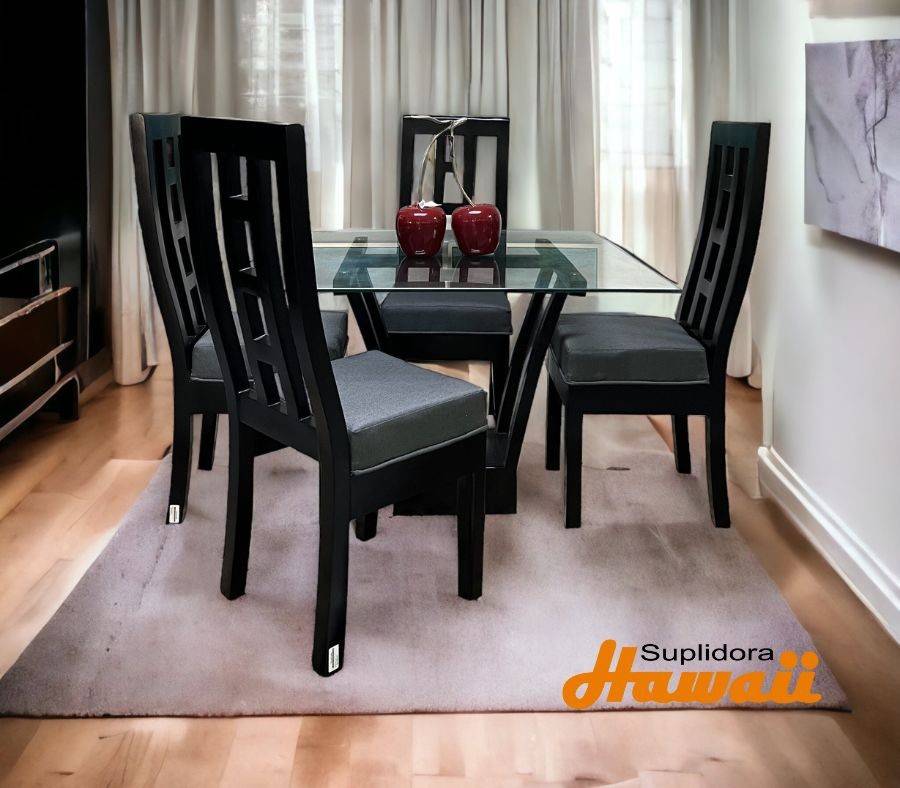 COMEDOR ESCALERITA NEGRO 4/S T/CRISTAL TAPIZ/GRIS OSCURO C.M.
