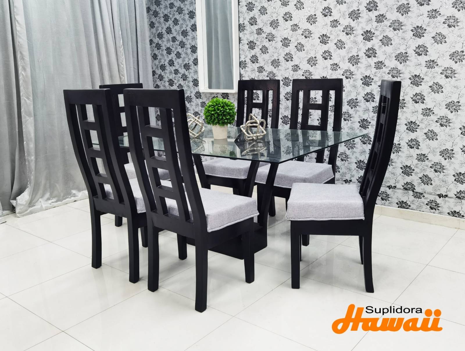 COMEDOR ESCALERITA NEGRO T/CRISTAL 6/S TAPIZ/GRIS OSCURO C.M.