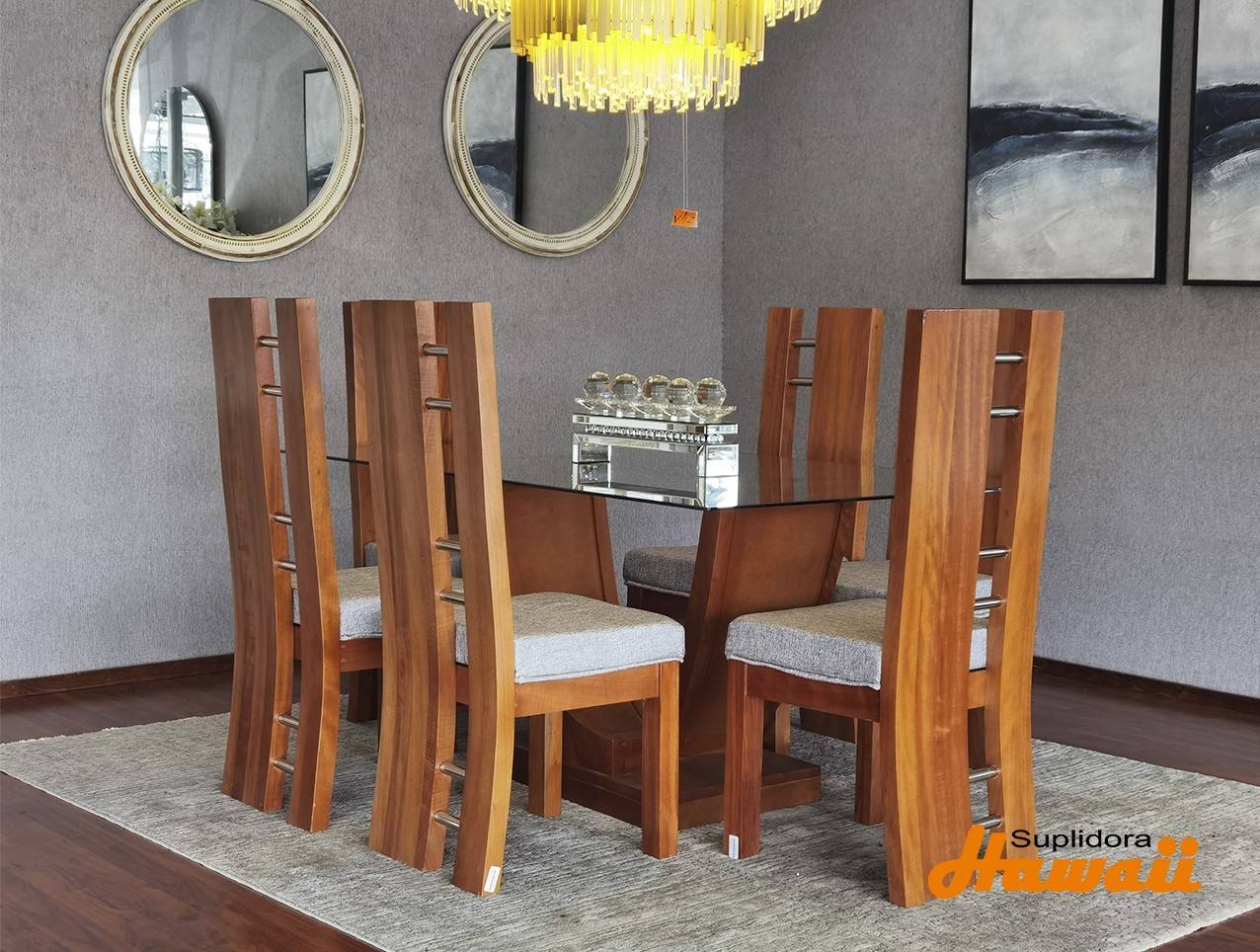 COMEDOR MICHEL T/CRISTAL 6/S NATURAL TAPIZ/GRIS P.M.