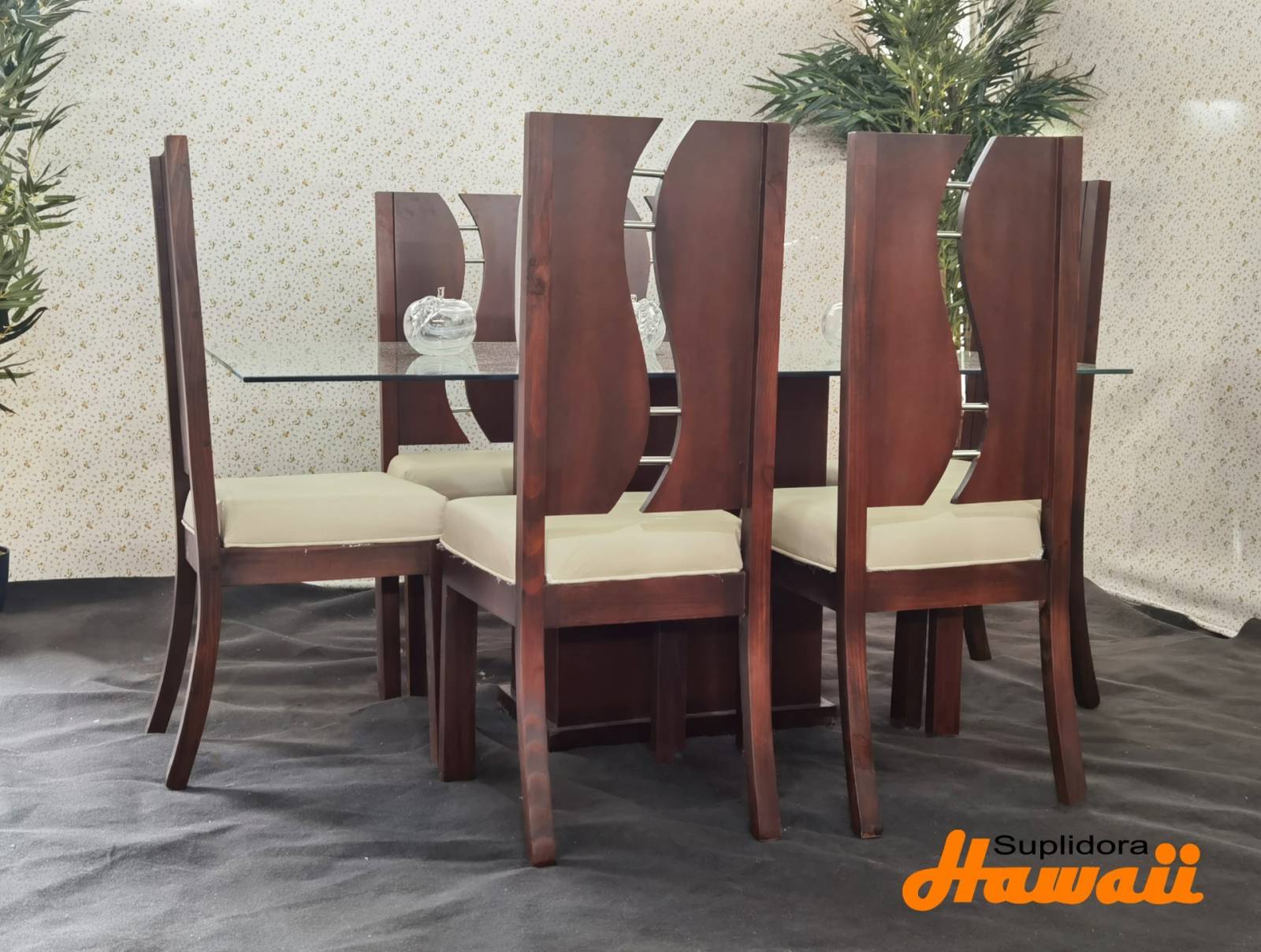 COMEDOR COLOR CAOBA TIPO S T/CRISTAL 6S TAPIZ/CREMA A.M.