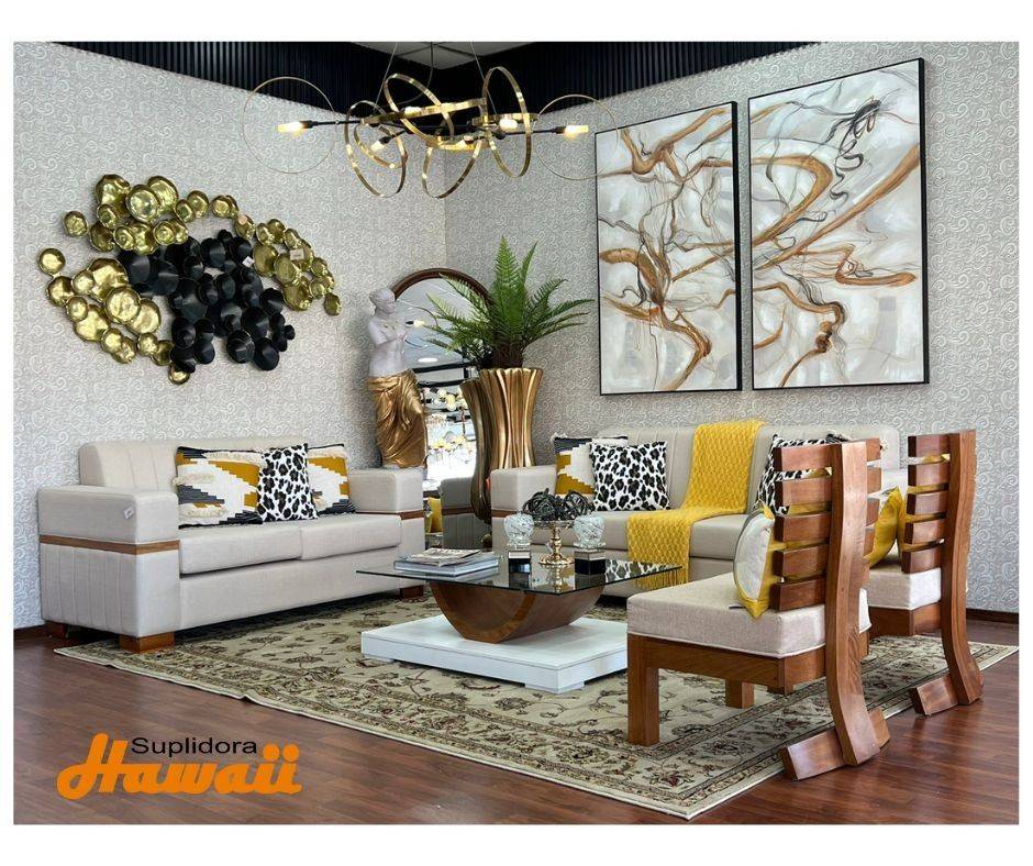 MUEBLE PARIS S/2 S/3 CREMA CLARO CON FRANJA EN MADERA NATURAL R.A.