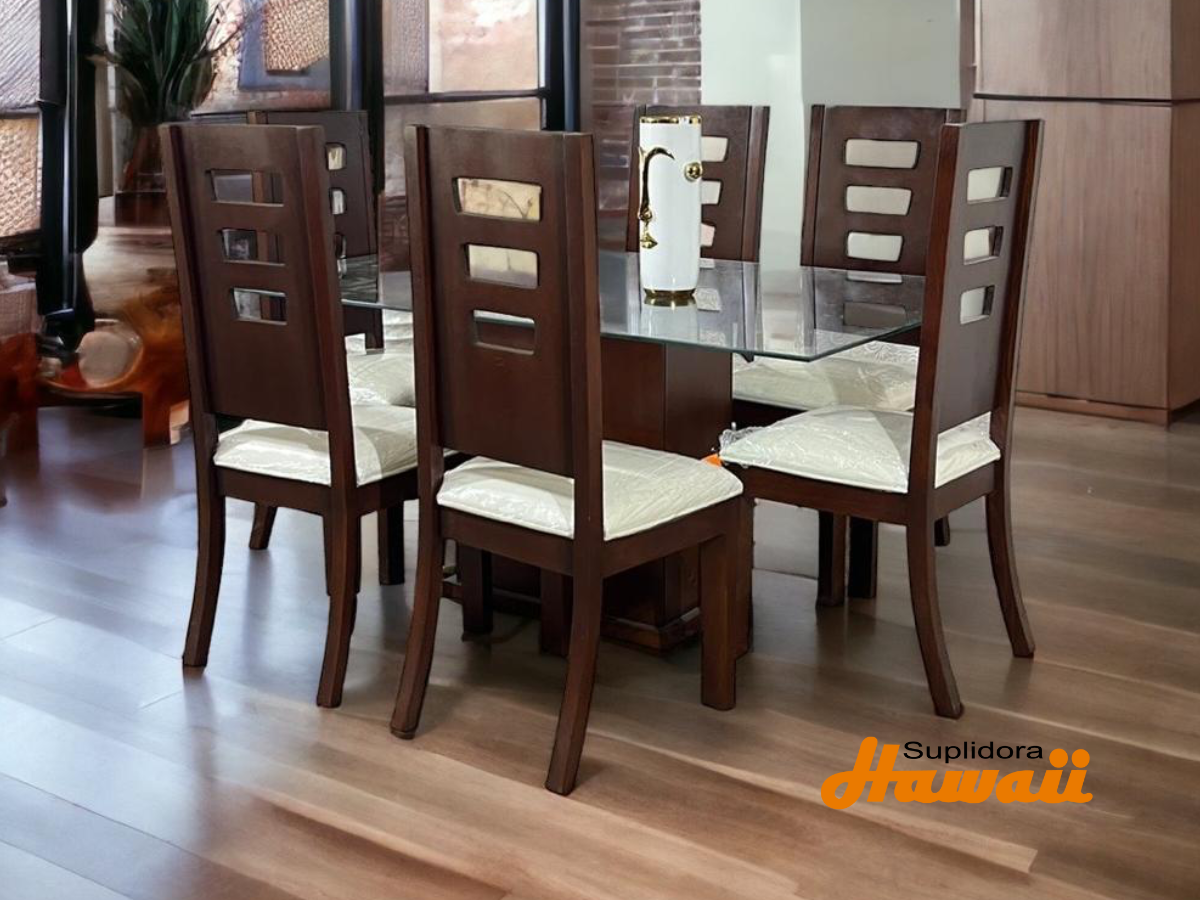 COMEDOR ARIEL EN PINO COLOR CAOBA 6/S TAPIZ/CREMA