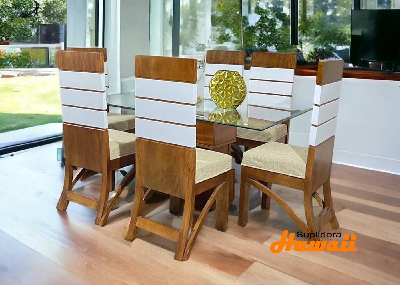 COMEDOR ZEBRA NATURAL CBLANCO 6S TCRISTAL TAPIZCREMA
