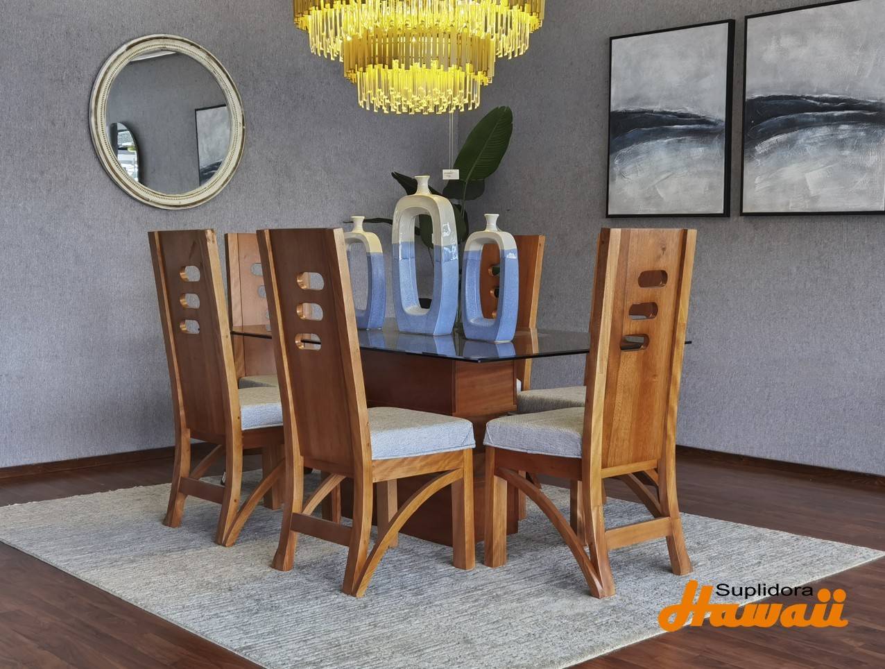COMEDOR CONTEMP CIRCULO S/6 NATURAL TAPIZ/GRIS P.M.