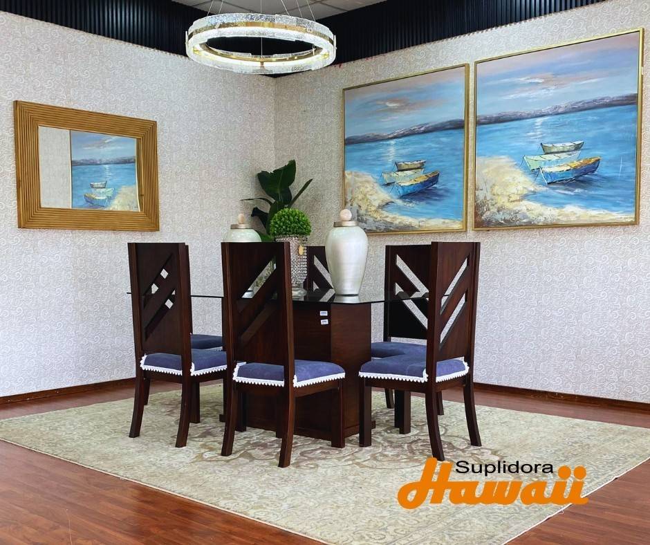 COMEDOR CONTEMPORANEO 6/S T/CRISTAL EN PINO OSCURO TAPIZ/GRIS OSCURO R.M.
