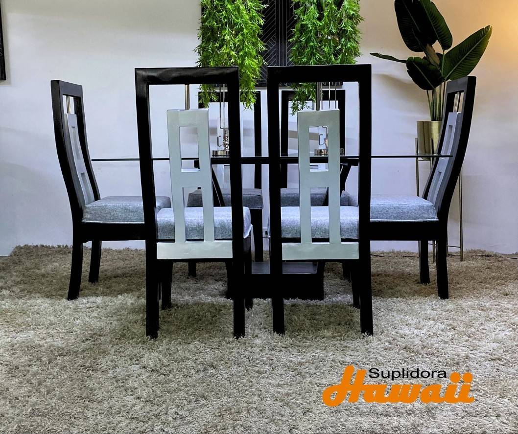 COMEDOR ESCALERITA NEGRO TCRISTAL 6SCON PLATEADO CTUBITO TAPIZGRIS CM