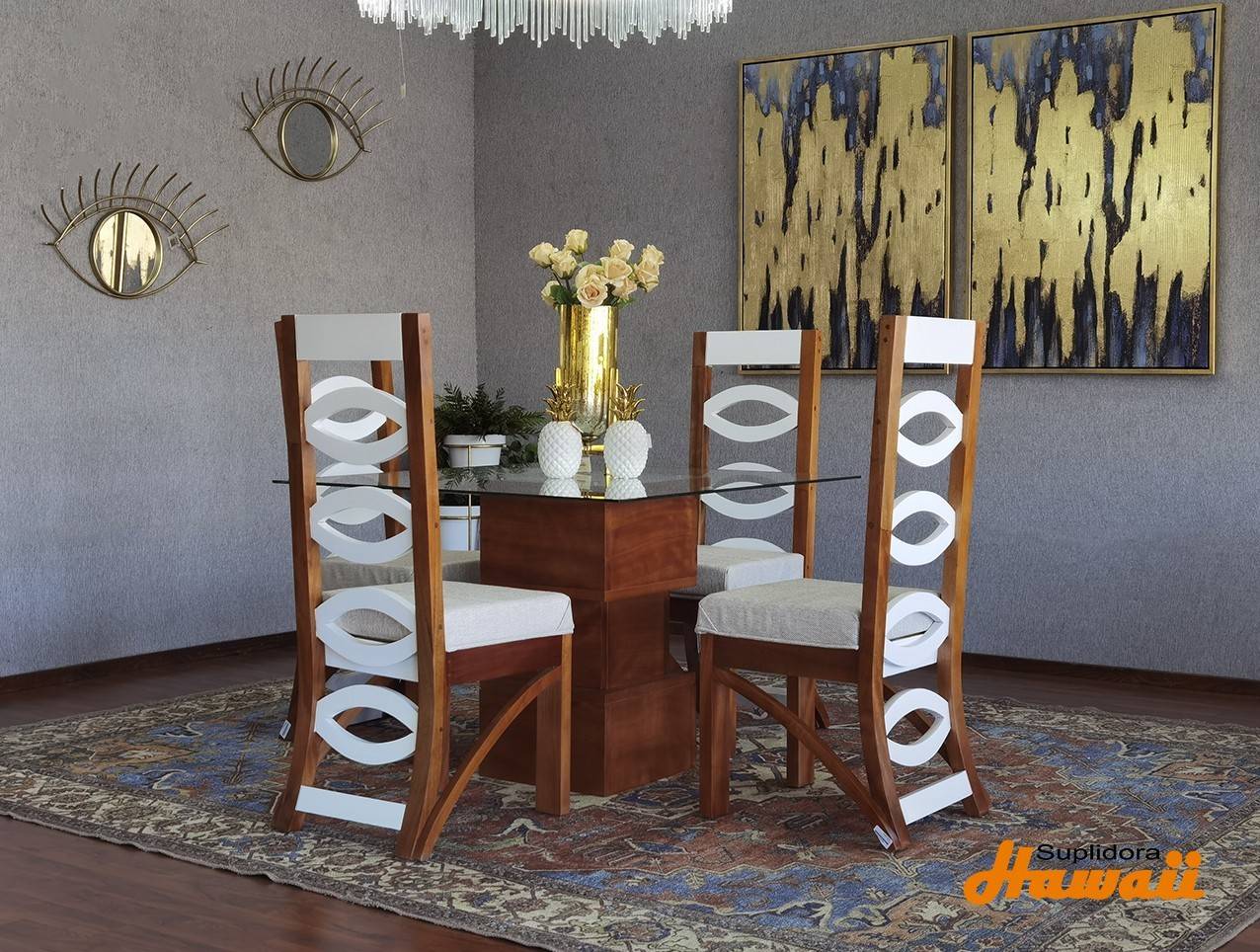 COMEDOR VALENTINO NATURAL CON BLANCO 4/S C/HUECOS TAPIZ/CREMA