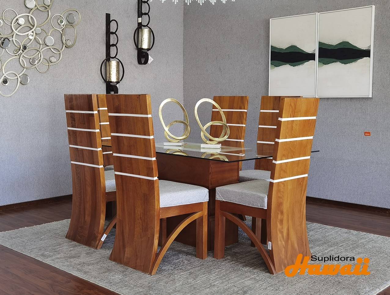 COMEDOR CONTEMPORANEO ZEBRA S/6 T/CRISTAL BISELADO NATURAL TAPIZ/GRIS PM