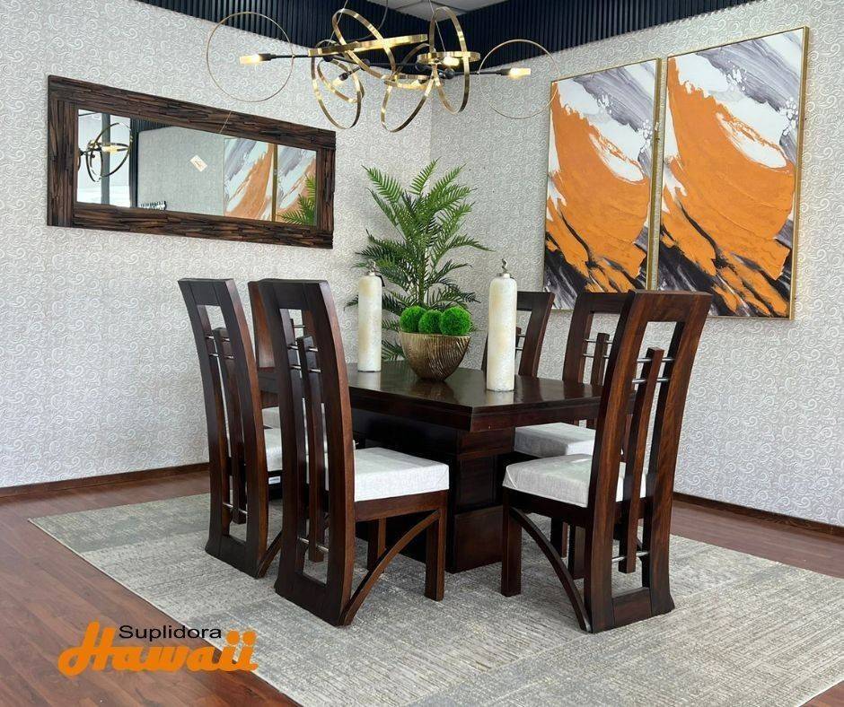 COMEDOR CAPRICHO 6/S CAOBA OSCURO T/MADERA TAPIZ/GRIS P.M.