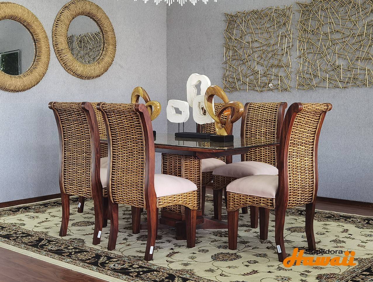 COMEDOR TRINEO T/CRISTAL 6/S TAPIZ/CREMA