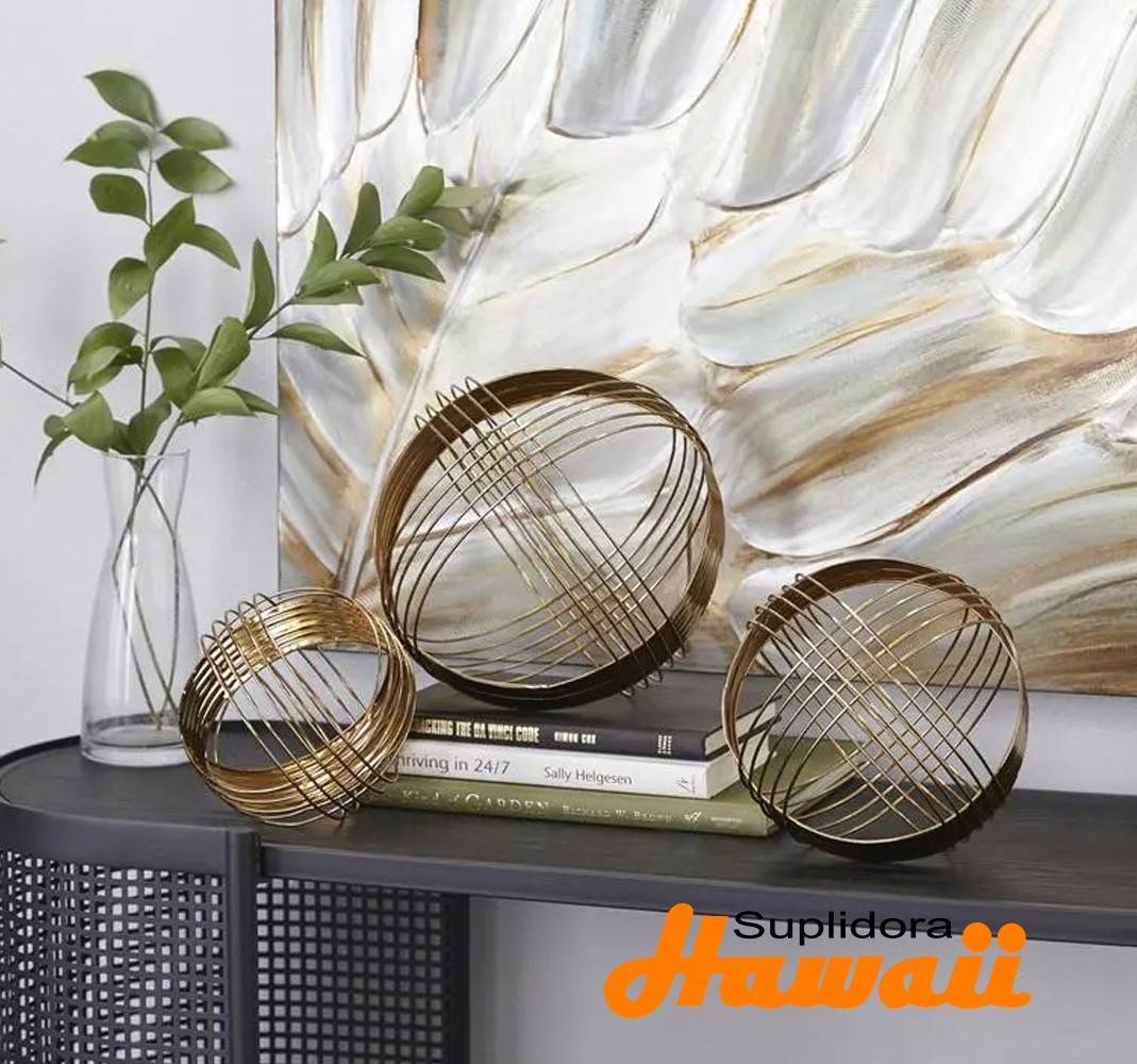 ESCULTURA BOLA GEOMETRICA 43446 S/3 DE METAL DORADA 6, 7, 8H