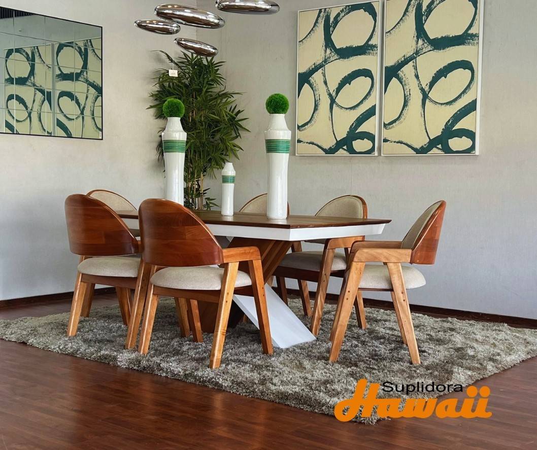 COMEDOR MAHOMA NATURAL TAPIZ/CREMA 6/S ESPALDA TAPIZADA T/MADERA R.A.