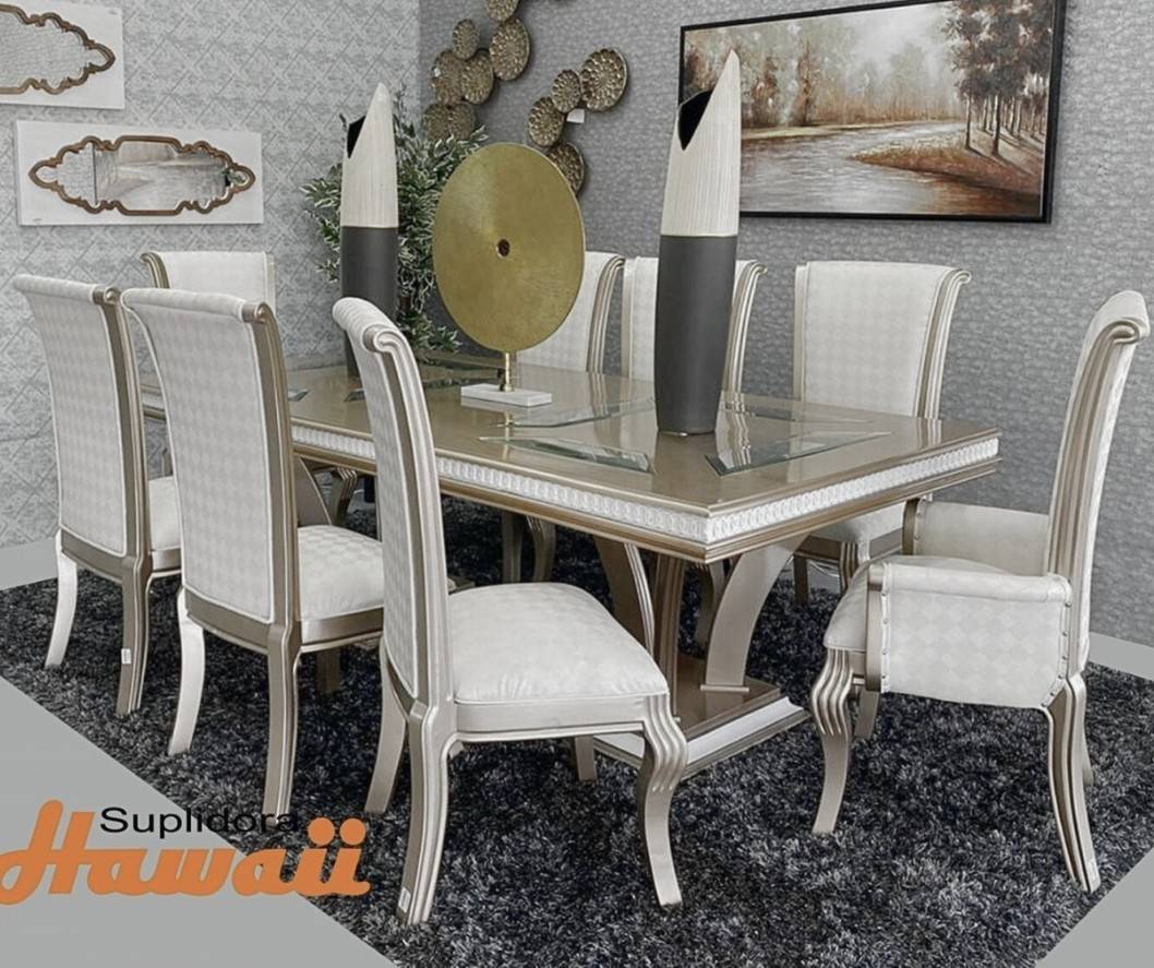 COMEDOR MARY CHAMPAGNE T/MADERA 8/S TAPIZADO CREMA