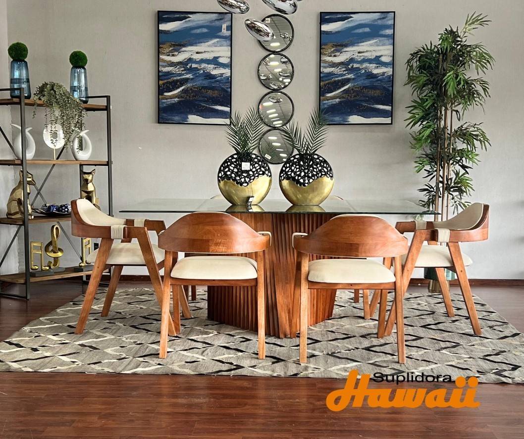 COMEDOR RAFAEL 6/S CAOBA TAPIZ/CREMA CLARO T/CRISTAL A.M.