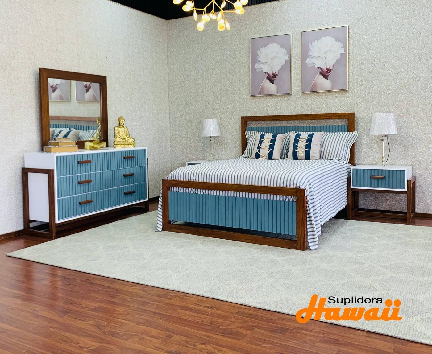 JUEGO APOSENTO KATI #1 MADERA NATURAL CON AZUL Y BLANCO 60x75 D.R.
