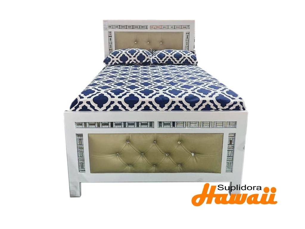 CAMA LESLIE TAPIZADA BLANCA EN 54 TAPIZ/CREMA CON BRILLO