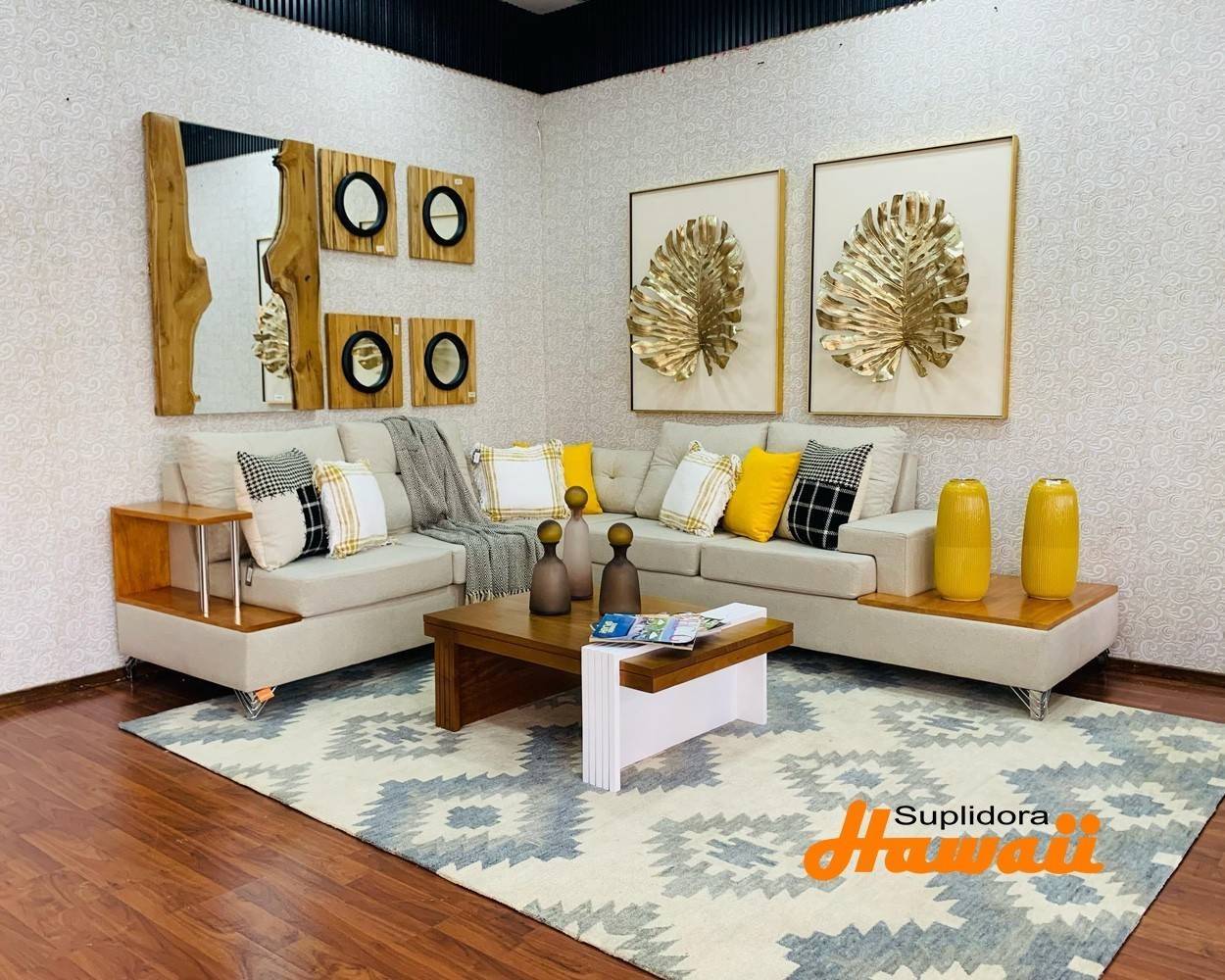 MUEBLE L ELEGAN CREMA BRAZOS MADERA NATURAL 3/PZS D.R.