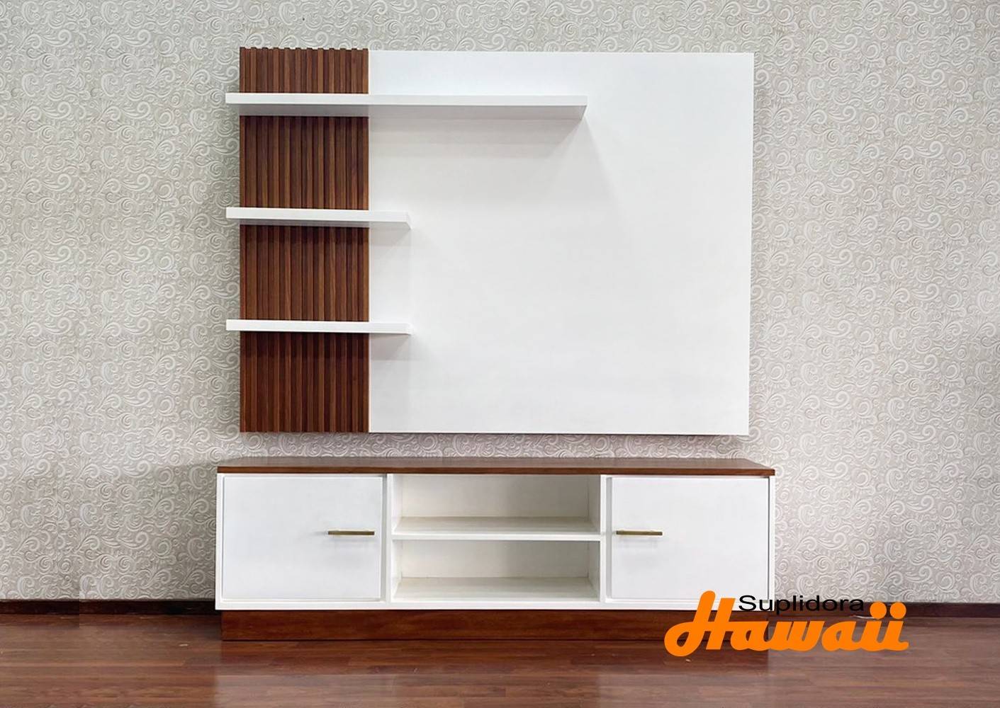 ESTANTE PARA TV BLANCO C/MARRON 72 CON PANEL 2/PUERTAS LATERALES