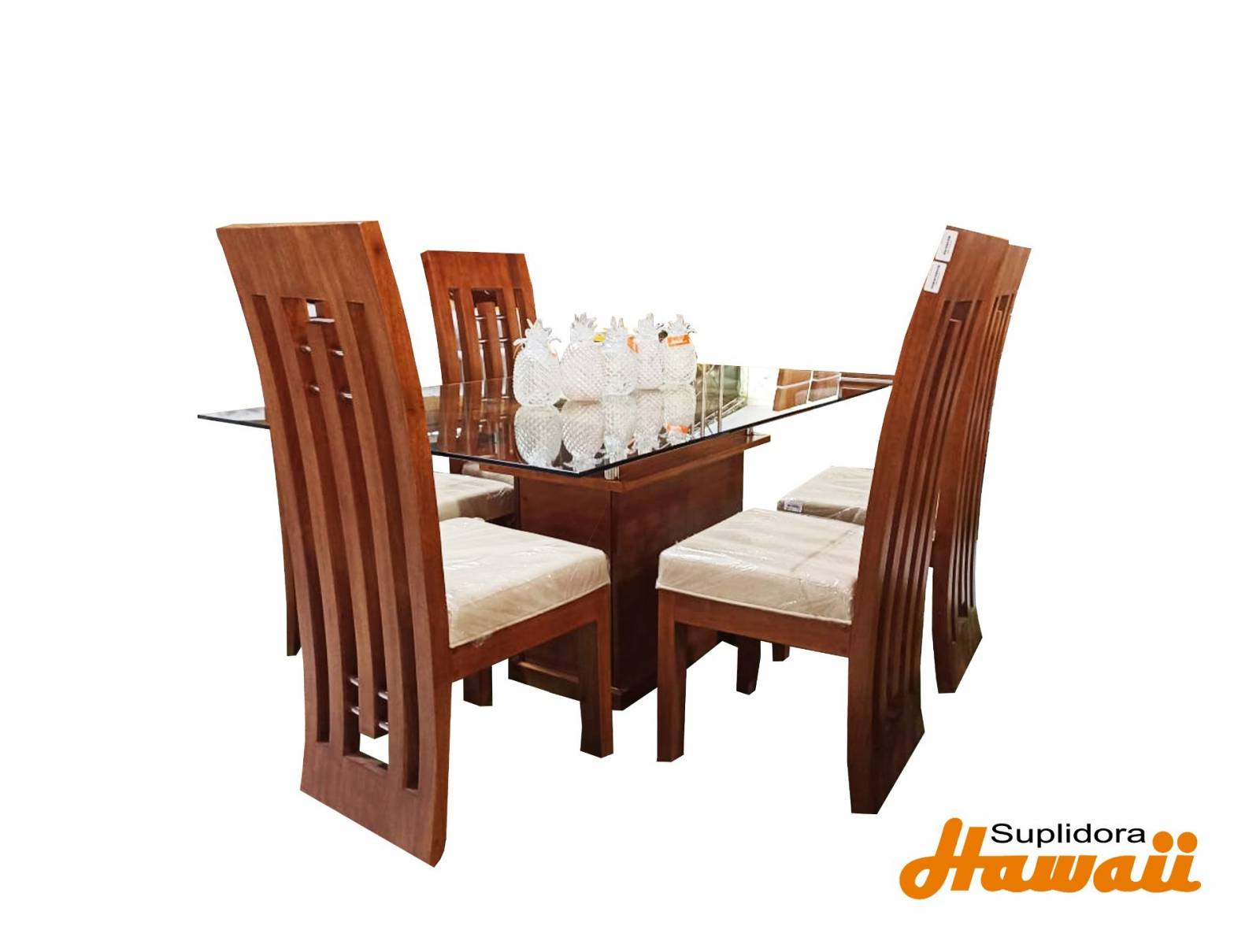 COMEDOR EMMANUEL 6/S CAOBA T/CRISTAL TAPIZ/CREMA A.M.
