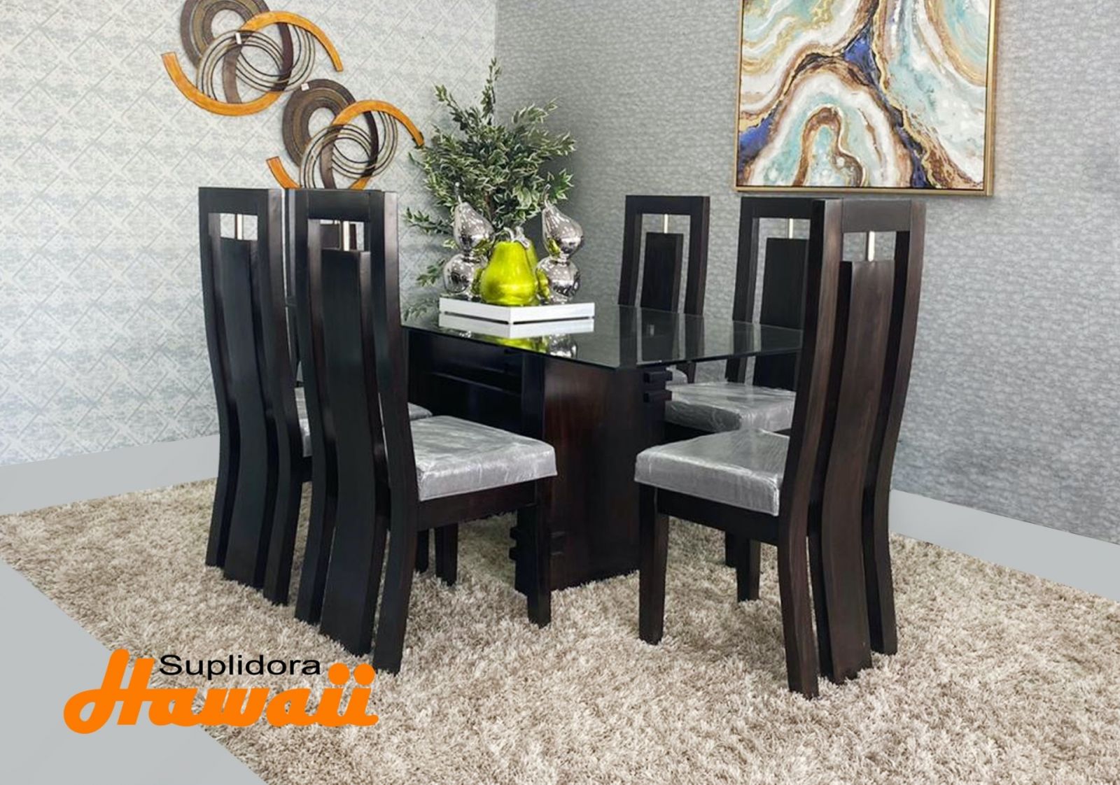 COMEDOR IV CAOBA C/CRISTAL 6/S TAPIZADO GRIS A.M.