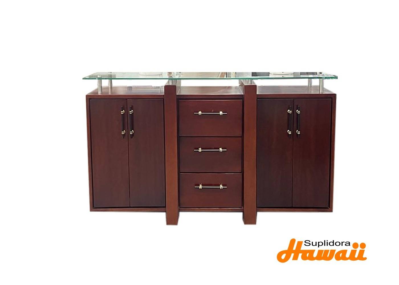 CREDENZA MODELO REYES CAOBA OSCURO 60 4/PUERTAS 3/GAVETAS T/CRISTAL