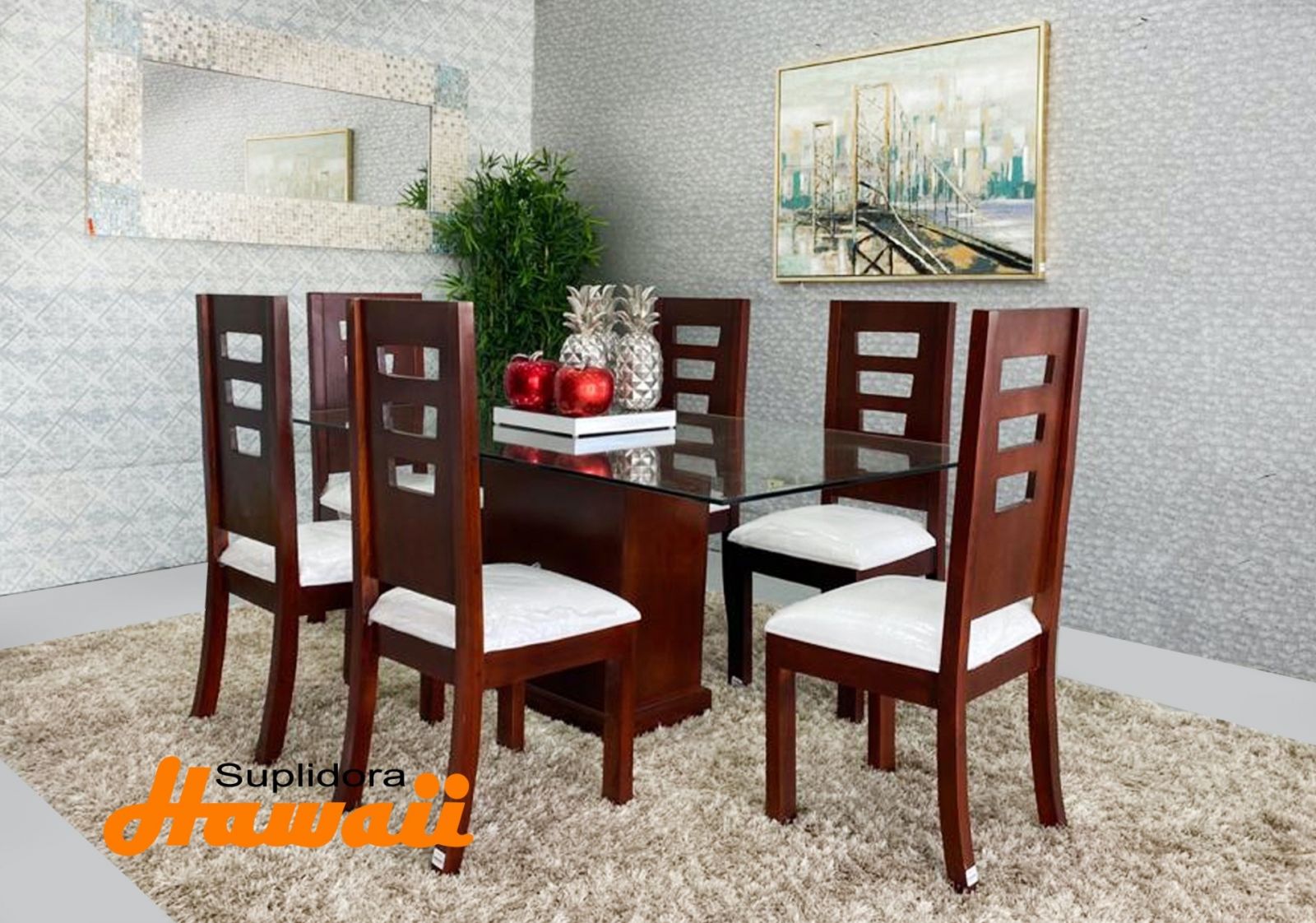 COMEDOR ARIEL EN PINO COLOR CAOBA TAPZ/BLANCO 6S A.M